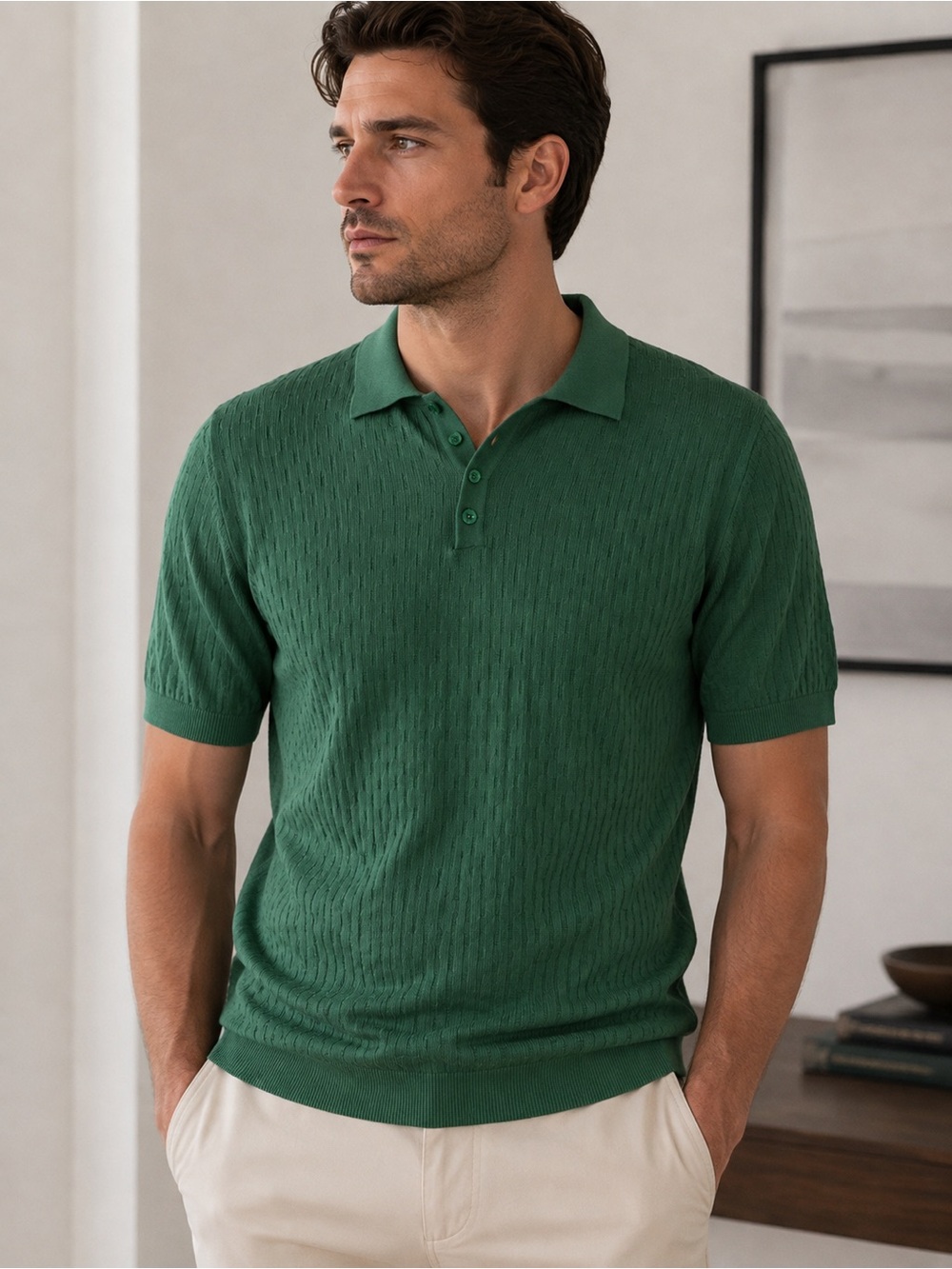 Kazolto Green Textured Knit Polo Shirt – Size L (runs small) 100% Cotton